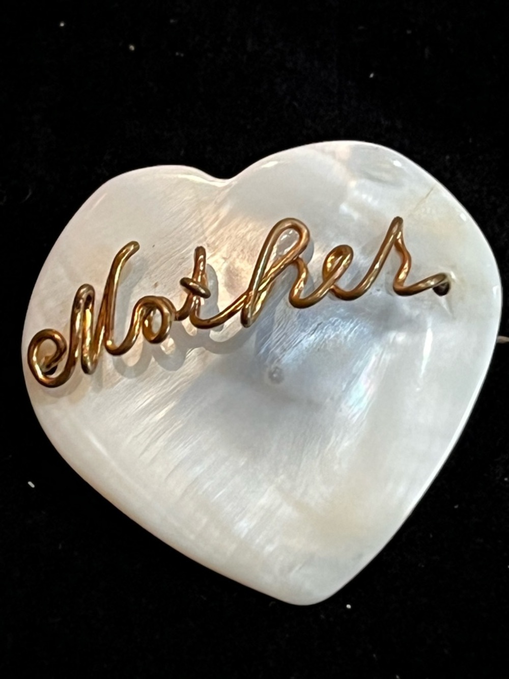 WWII Sweetheart Mother Brooch Carved MotherofPearl Pin 14K GF Wire Scrpt 1940s